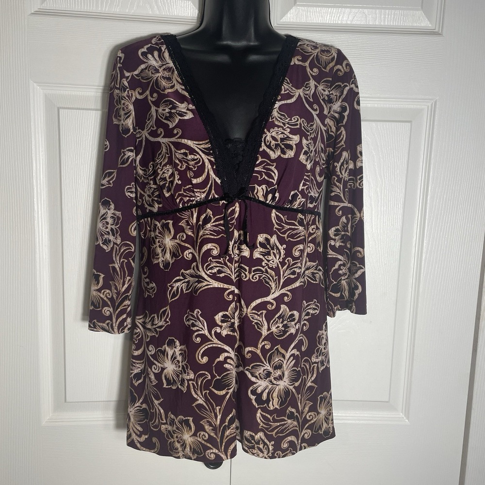 Ambrielle Y2K Shirt Women L Burgundy Floral Print Lace Trim Babydoll Tunic Top